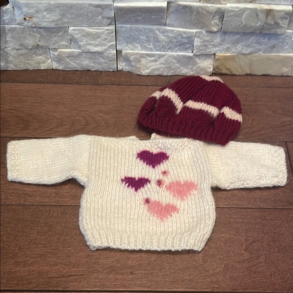 Handmade Baby Doll Sweater and Hat Set - Cream and Pink